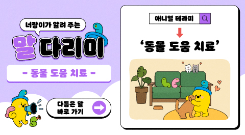 너랑이가 알려 주는 말 다리미
- 동물 도움 치료 -
다듬은 말 바로 가기 →
애니멀 테라피 → '동물 도움 치료'