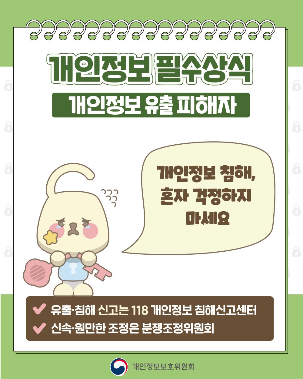 개인정보 필수상식, 개인정보 유출 피해자, 개인정보 침해 혼자 걱정하지 마세요, 유출·침해 신고는 118 개인정보 침해신고센터, 신속·원만한 조정은 분쟁조정위원회, 개인정보보호위원회