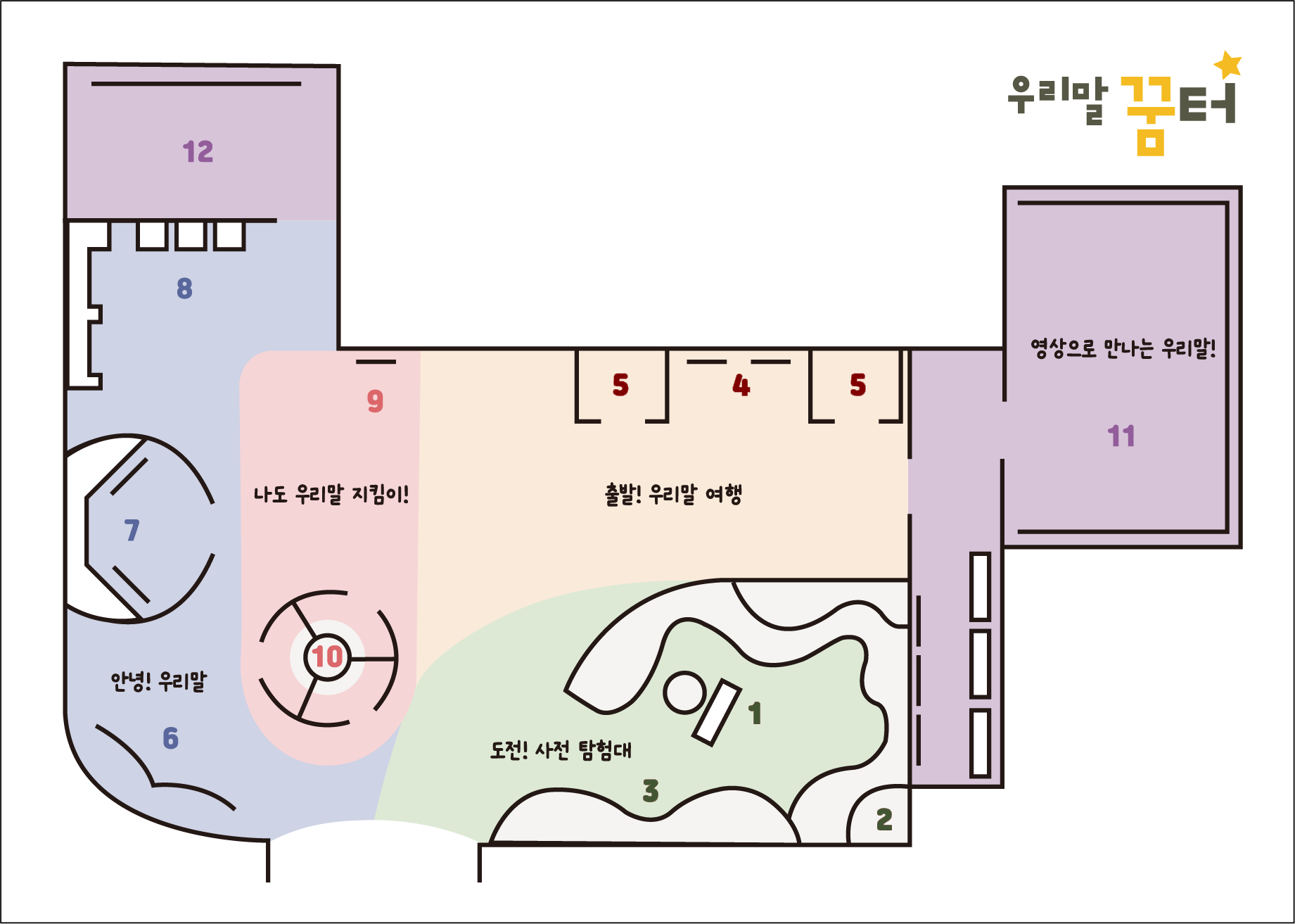 들어오는 입구를 기준으로 반시계방향으로  도전! 사전 탐험대 3,1,2, 영상으로 만나는 우리말! 11, 출발! 우리말 여행 5,4,5, 나도 우리말 지킴이! 10,9, 12, 안녕! 우리말 8,7,6 으로 되어 있습니다.
