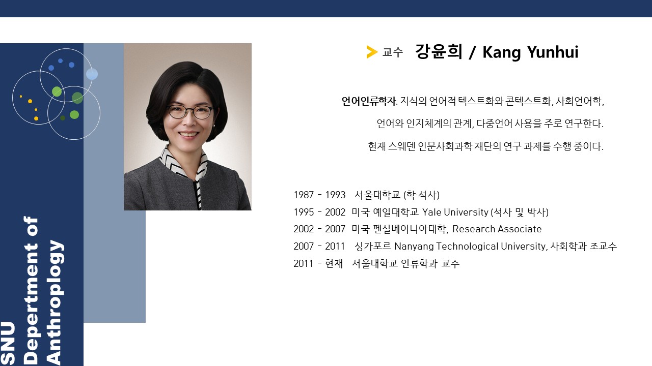 강의자 소개 SNU Depertment of Anthroplogy (강의자 사진) 교수 강윤희/Kang Yunhui 언어인류학자. 지식의 언어적 텍스트화와 콘텍스트화, 사회언어학, 언어와 인지체계의 관계, 다중언어 사용을 주로 연구한다. 현재 스웨덴 인문사회과학 재단의 연구 과제를 수행 중이다. 1987-1993 서울대학교(학·석사)/ 1995-2002 미국 예일대학교 Yale University(석사 및 박사)/ 2002-2007 미국 펜실베이니아대학, Research Associate/ 2007-2011 싱가포르 Nanyang Technological University, 사회학과 조교수/ 2011-현재 서울대학교 인류학과 교수