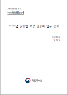 국립국어원 2022-01-21, 발간등록번호 11-1371028-000906-01, 2022년 맞춤법 교정 말뭉치 연구 분석, 연구 책임자 남길임, 국립국어원 로고